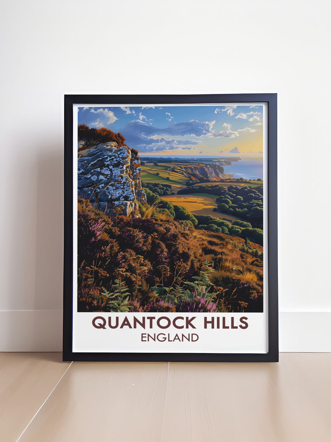 Will's Neck travel poster print highlighting the serene beauty of Quantock Hills AONB and Somerset AONB a perfect choice for those who love Somerset Travel Art and want to showcase the picturesque scenery of Vale Taunton Deane and Quantock Heath.