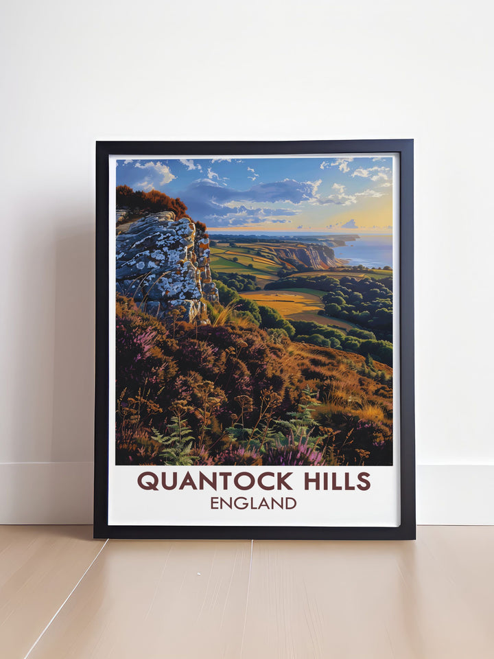 Will's Neck travel poster print highlighting the serene beauty of Quantock Hills AONB and Somerset AONB a perfect choice for those who love Somerset Travel Art and want to showcase the picturesque scenery of Vale Taunton Deane and Quantock Heath.