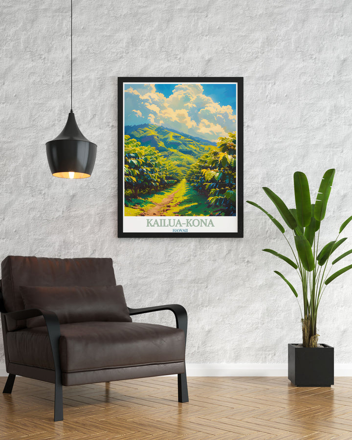 Vibrant depiction of Kailua Kona, reflecting its role as a historical and cultural hub in Hawaii. The travel poster highlights the towns stunning natural beauty and significant landmarks.