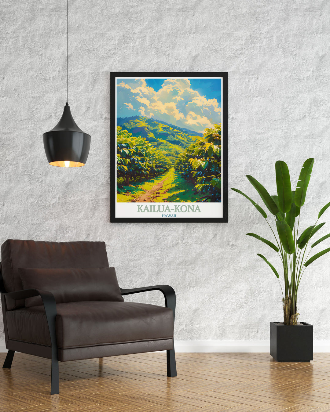 This Kailua Kona poster print captures the vibrant landscapes of Hawaii, highlighting the famous Kona Coffee Farms. Perfect for any space, this travel print brings the natural beauty and cultural richness of Hawaii into your home décor.