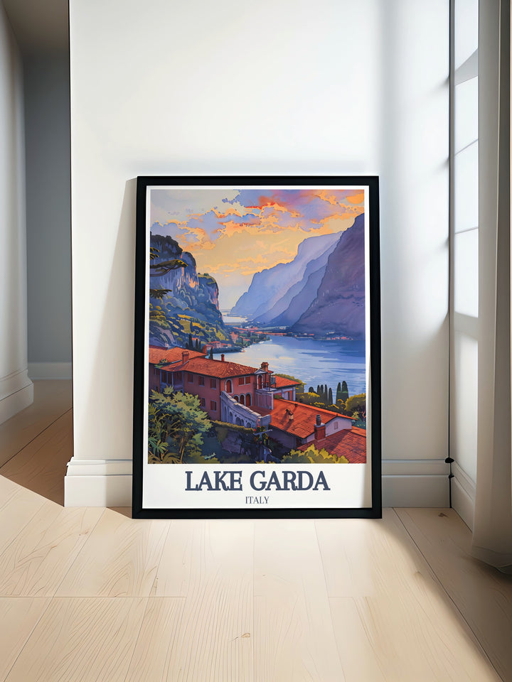 Beautiful Lake Garda poster print featuring the scenic Isola del Garda and Garda town perfect for Italy wall decor and Italy art. Ideal for gifts for mom dad girlfriend boyfriend and special occasions with stunning modern art prints and elegant home decor.