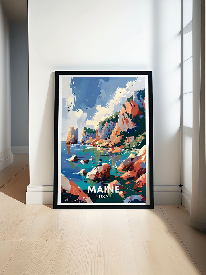 Capturing the timeless beauty of Acadia National Park, this travel poster brings the parks iconic landscapes into your living space. Ideal for those who love exploring the outdoors, this artwork highlights the stunning scenery and natural wonders of Acadia.