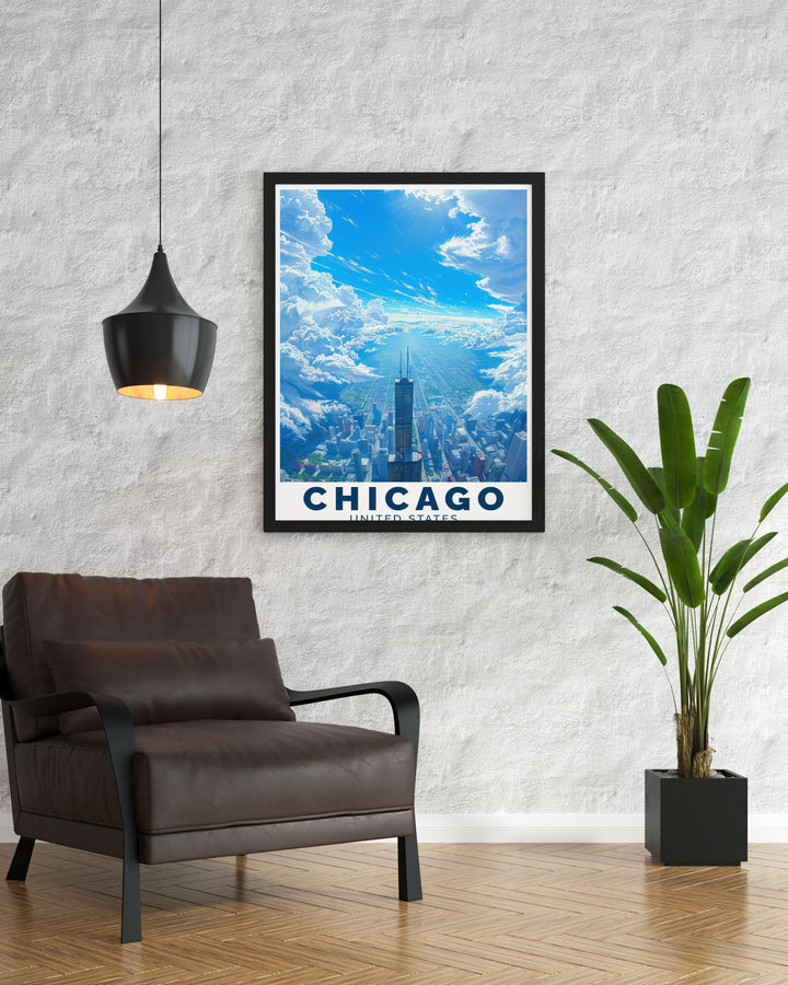 Stunning Willis Tower artwork with a detailed Chicago cityscape making it a perfect addition to your home decor and a great Chicago gift for travel enthusiasts and art lovers.