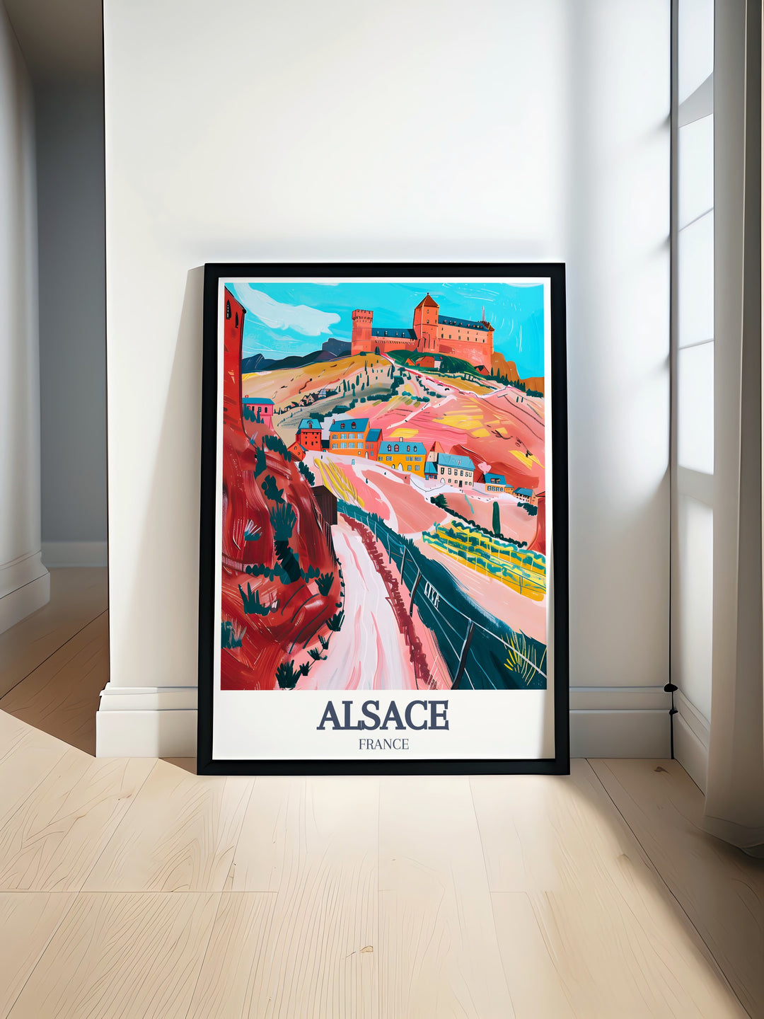 Alsace Travel Poster featuring Chateau du Haut Koenigsbourg and Alsace Wine Route showcasing the charm of French landscapes and vineyards. This Alsace France Poster is perfect for home decor and gifts, bringing a piece of Frances beauty into any space.