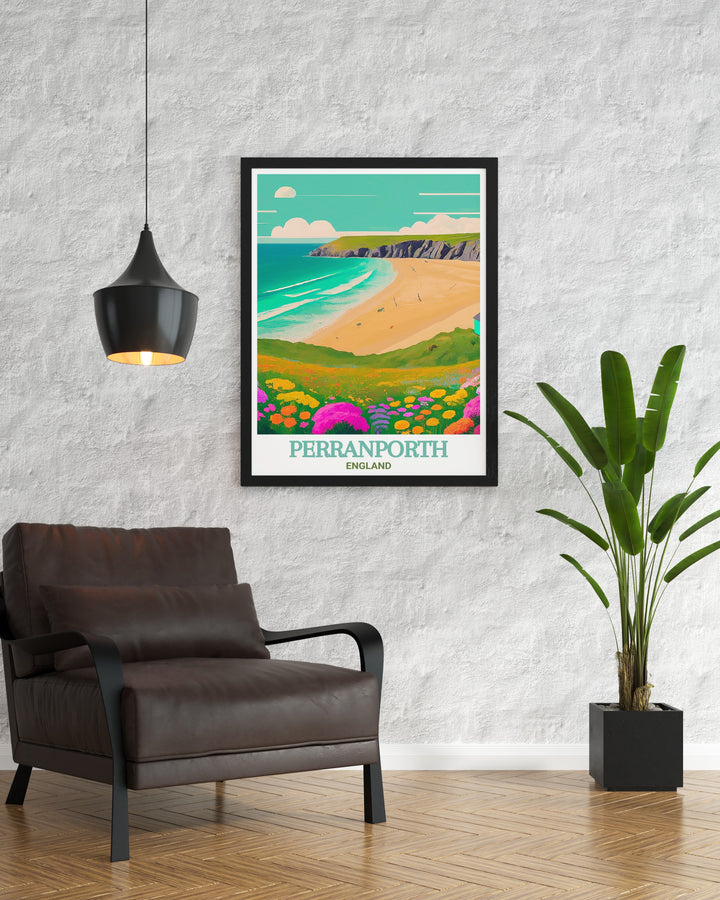 England travel poster featuring the picturesque Perranporth Beach. Ideal for adding a touch of Englands coastal charm to your decor. This print captures the essence of the scenic coastal landmark.