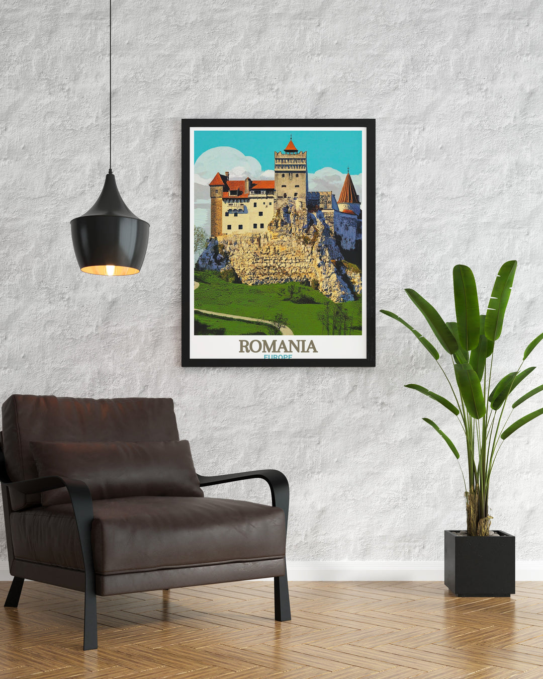 Bran Castle art print showcasing the famous Transylvanian landmark. This framed artwork combines vintage aesthetics with modern detail, making it a perfect gift for lovers of Romanian history and Gothic architecture. Display it as a reminder of Romanias fascinating past.