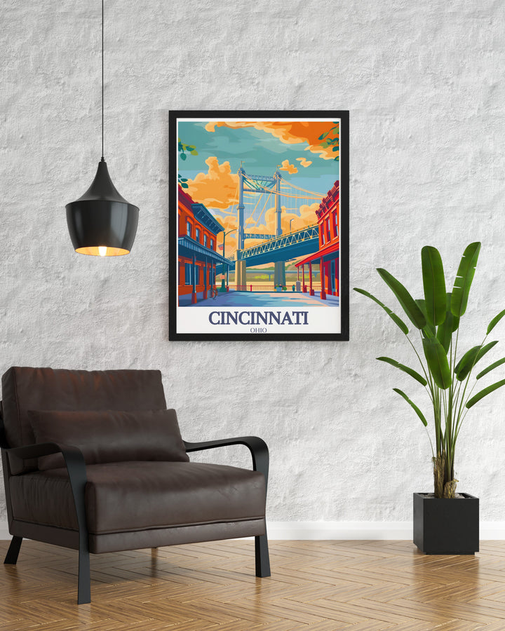 Roebling Suspension Bridge and Roebling Point featured in a Cincinnati Poster designed with fine line art and black and white street maps making it a timeless addition to your home decor and a perfect gift for holidays birthdays and other memorable events