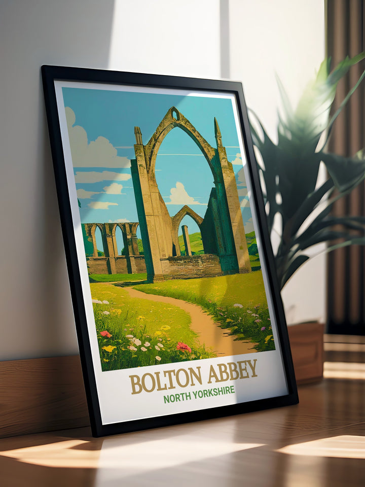 Bolton Priory Ruins poster showcasing the ancient architecture of Bolton Abbey surrounded by the breathtaking landscapes of the Yorkshire Dales perfect for those who enjoy vintage travel prints and the rich history of North Yorkshire.