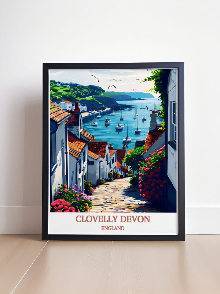 Clovelly Village in Devon, England, known for its steep, cobbled streets and white washed cottages, offers a picturesque and charming setting by the Bristol Channel.