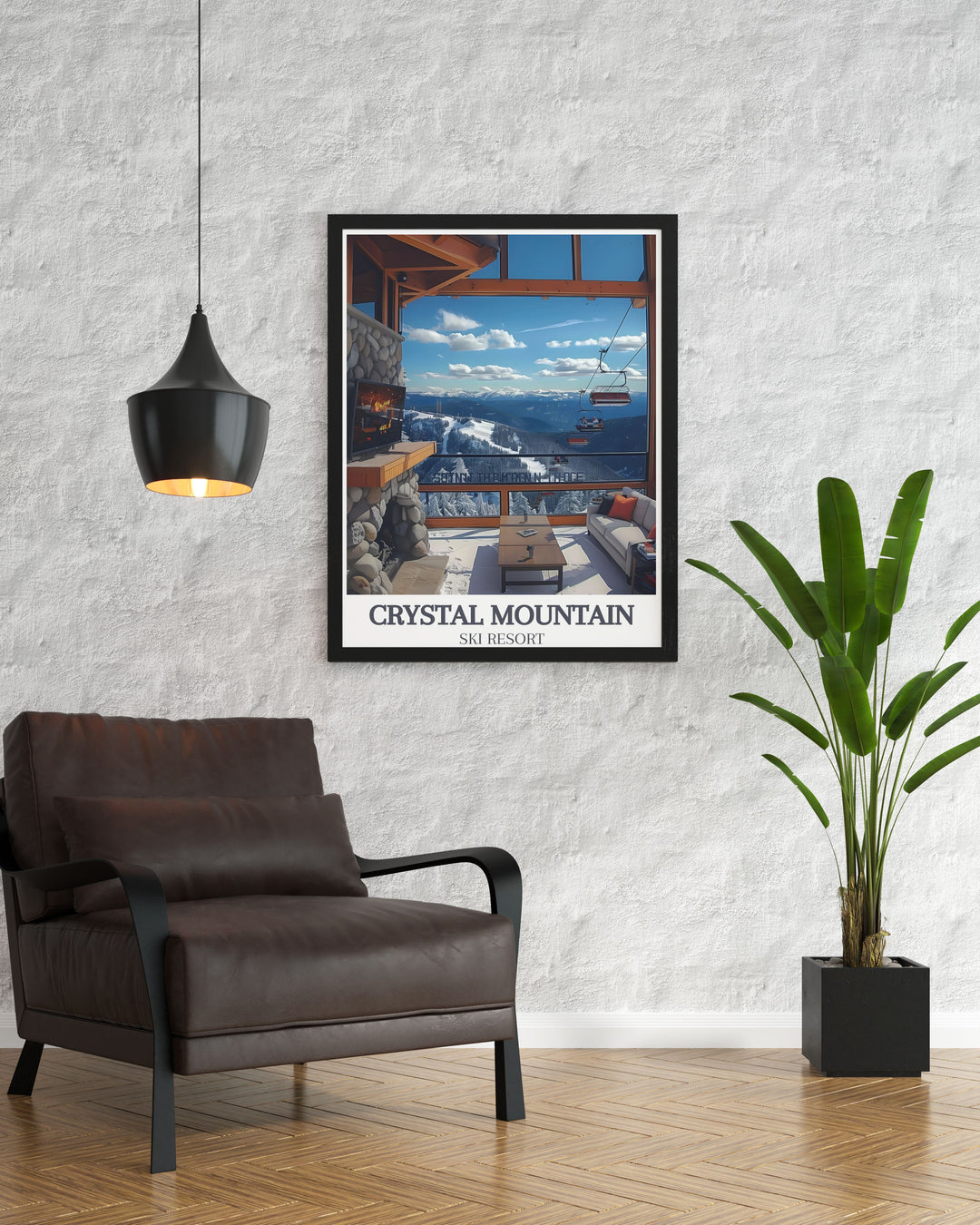 Custom print highlighting the excitement of skiing at Crystal Mountain with the iconic presence of Mount Rainier, a perfect gift for adventurers.