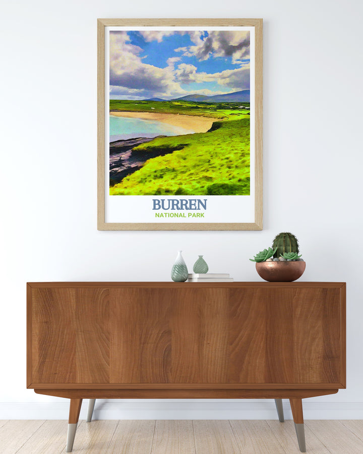 A stunning print of Burren National Park, Ireland, showcasing the intricate details of the limestone pavements and the diverse flora that thrive in this unique environment. This artwork is perfect for bringing a piece of Irelands natural heritage into your living space.