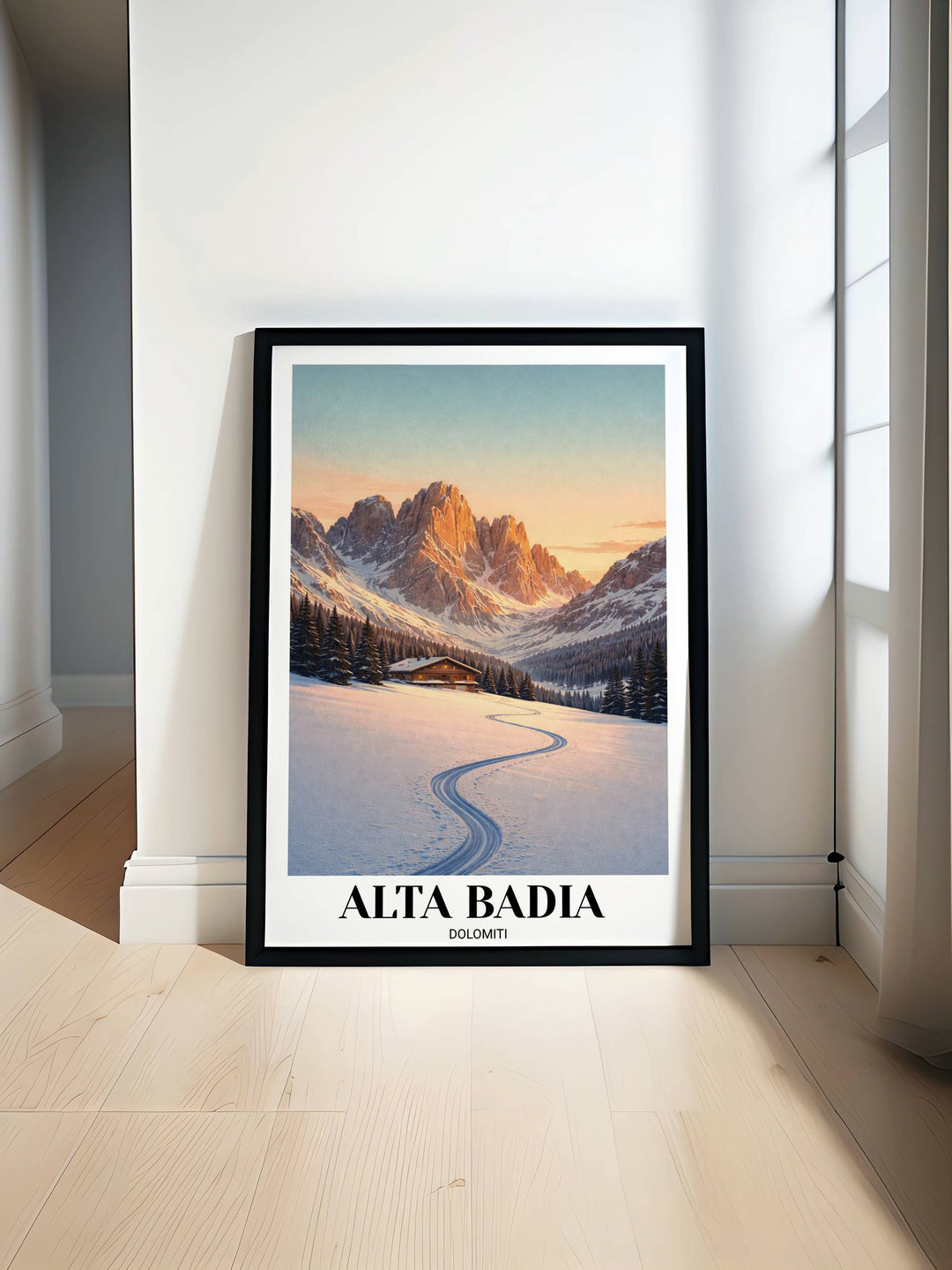A professionally framed fine art print of the Dolomites, highlighting the warm amber light shining from the windows of a rustic alpine hut at dusk.