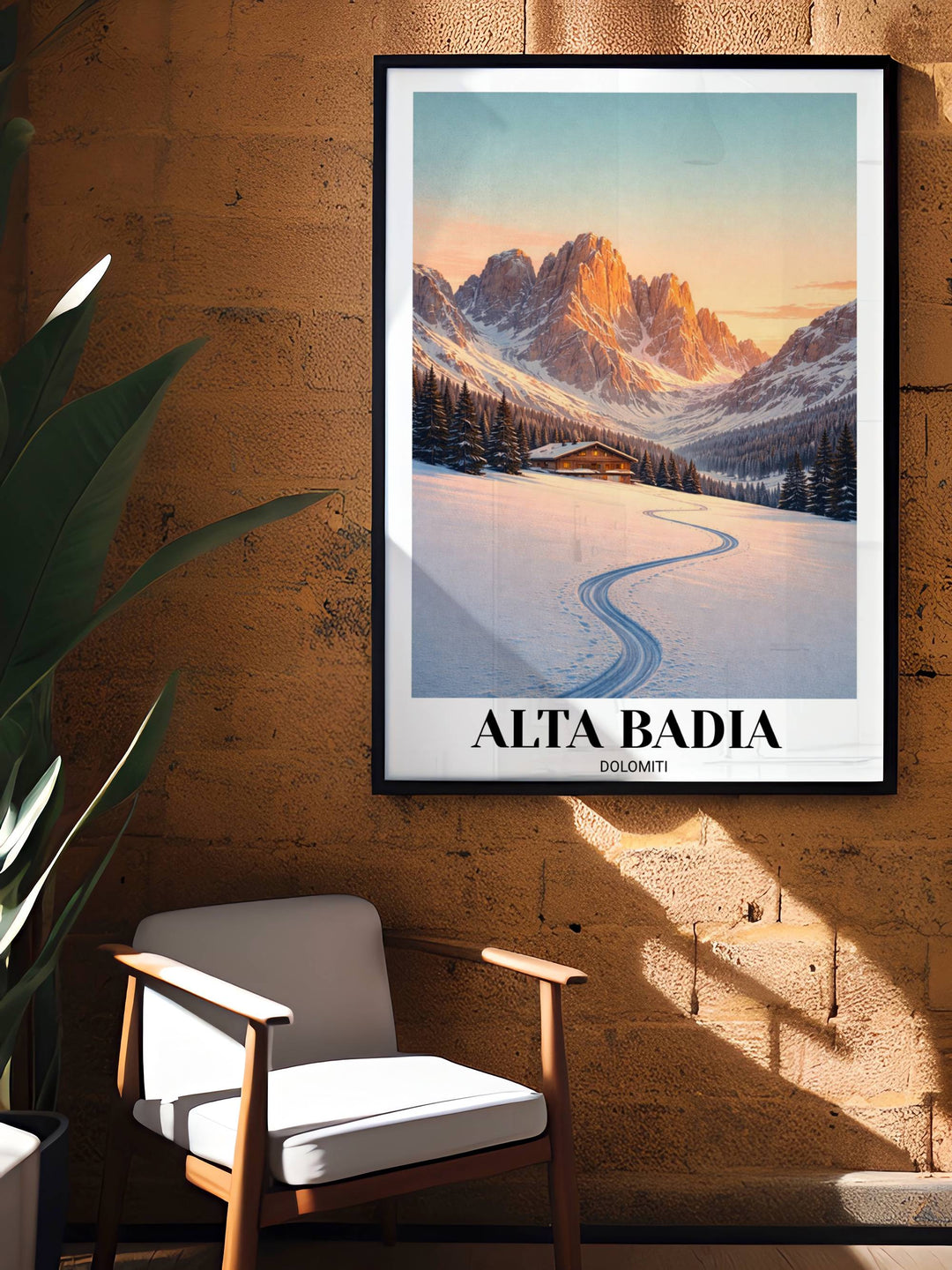 A framed gift-ready art print of the Italian mountains, highlighting the high-contrast graphic style and clean "ALTA BADIA" typography in the white border.