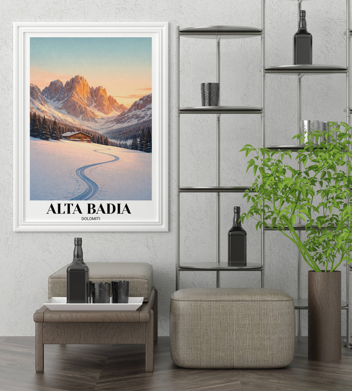 A high-quality framed matte paper print of South Tyrol, focusing on the sharp, geometric mountain silhouettes and fresh powder tracks.