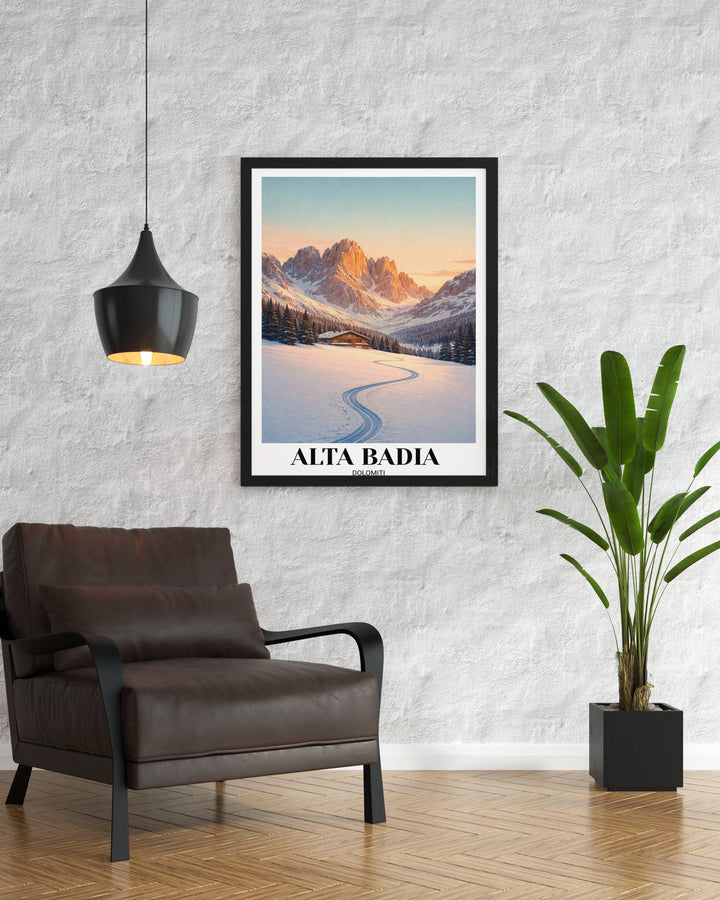 A framed architectural art piece of the Dolomites, presented in a modern oak wood frame to complement a luxury ski lodge or contemporary home office.