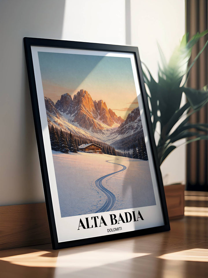 A side-angle view of a gallery-grade framed print of Alta Badia, showing the premium depth and sharp typography of the "MapYourDreams" collection.