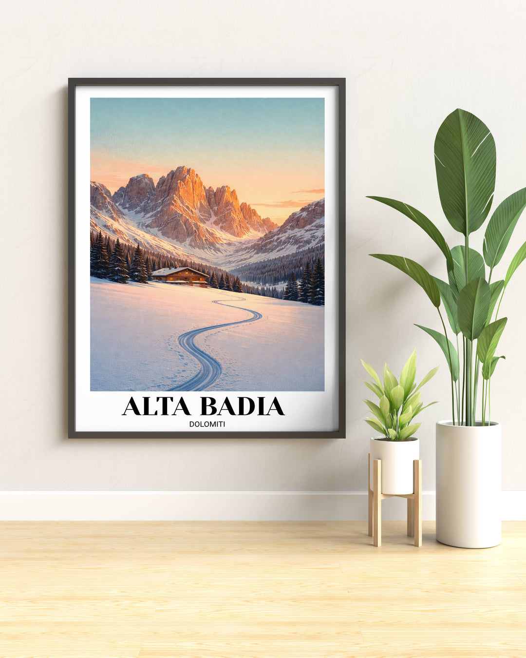 A framed minimalist wall art display featuring the "First Tracks" print as the central focal point in a curated gallery of global travel art.
