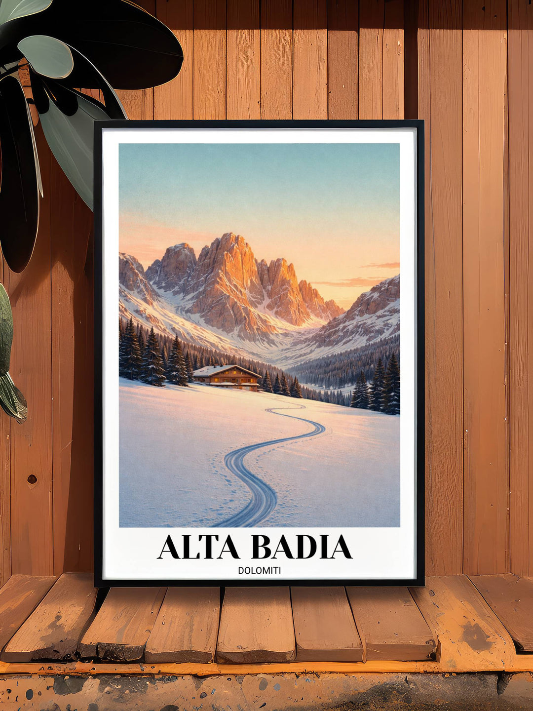A large-scale framed landscape print of the Dolomites, capturing the atmospheric winter glow and a silhouetted vintage ski lift.