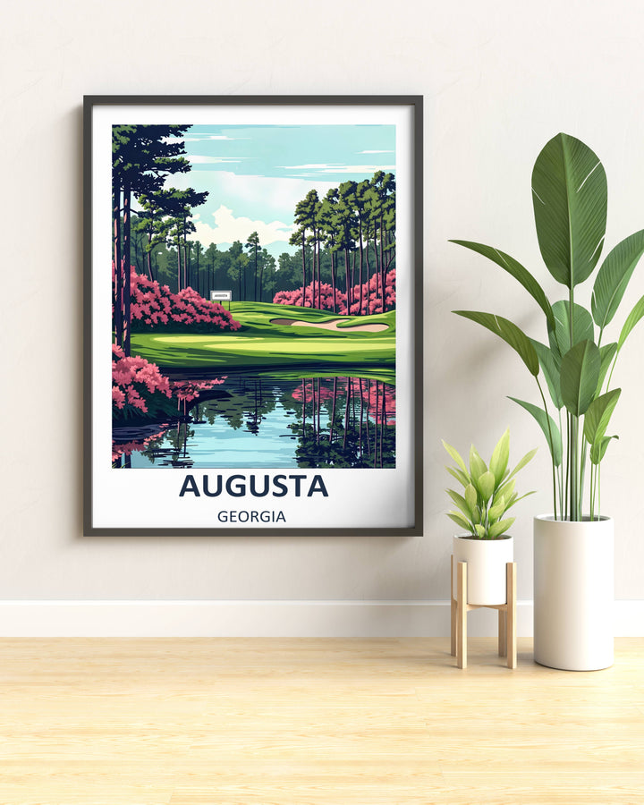 Framed golf course art print capturing a clean retro landscape of a historic Georgia course layout with rolling green lawns, white bunkers, and a crisp white border inside a sleek black frame.
