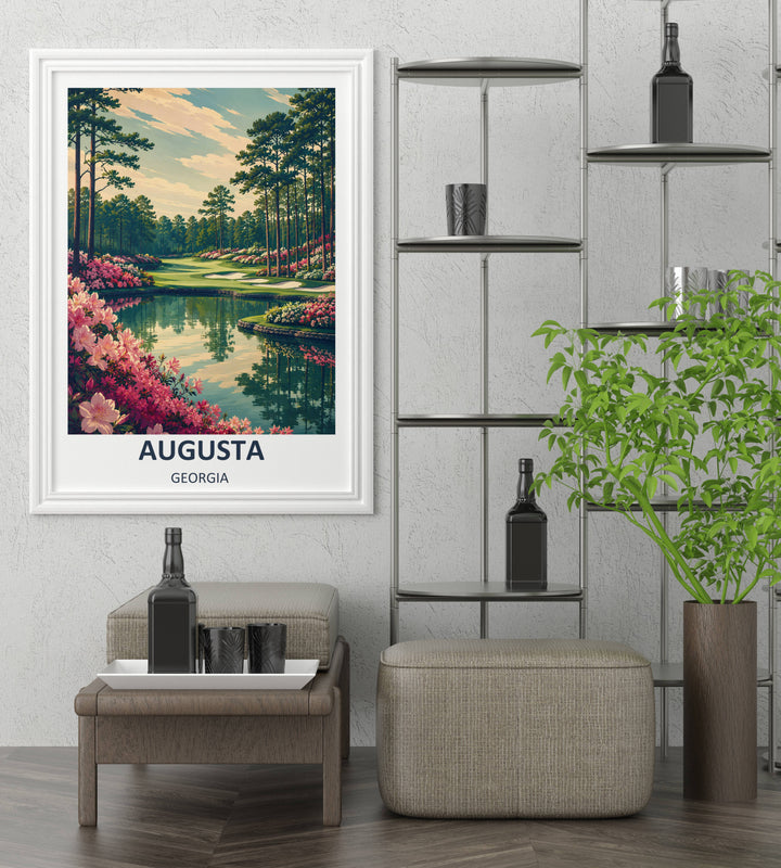 Stylized boutique golf poster of Augusta National in spring, displaying a scenic view from a low perspective beside a calm creek, featuring lush greenery and elegant modern printmaking details.