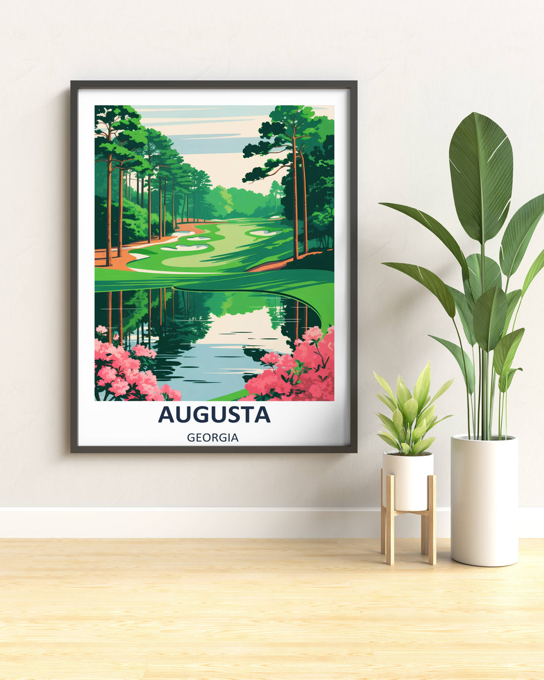 Stylized boutique travel poster of Augusta National golf course, capturing a quiet morning perspective of a reflective lake and tall trees using a clean, Scandinavian minimalist aesthetic.