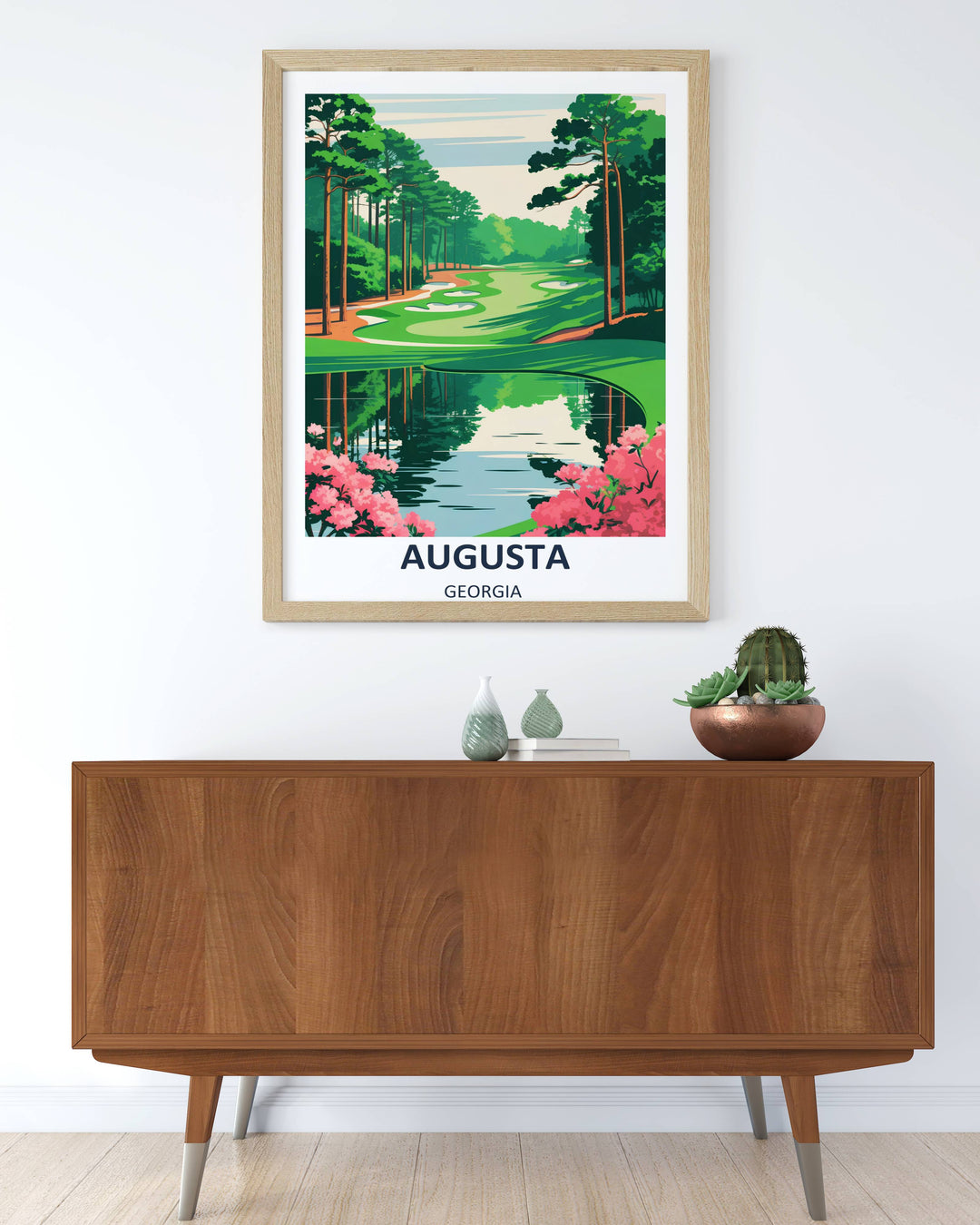 Luxury golf office decor featuring a contemporary graphic design of an exclusive southern country club course fairway, with clean reflections, abstract pink azaleas, and majestic tall pines.
