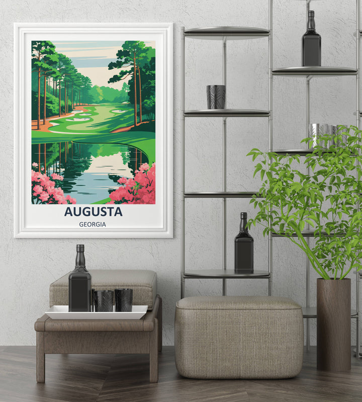 Premium 220gsm matte paper poster of a minimalist golf course landscape, emphasizing smooth rolling contours, bold geometric tree forms, and a sophisticated, calming mid-century palette.