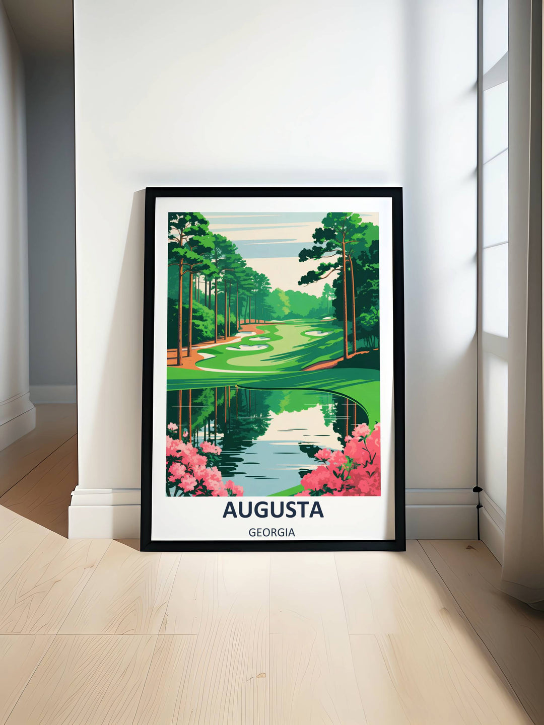 Stylized boutique travel poster of Augusta National golf course, capturing a quiet morning perspective of a reflective lake and tall trees using a clean, Scandinavian minimalist aesthetic.