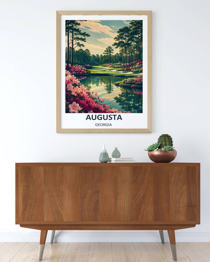 Sophisticated country club wall decor print featuring a beautiful contemporary graphic design of Amen Corner, highlighting glassy water reflections, dense pine forests, and abstract flower patterns.