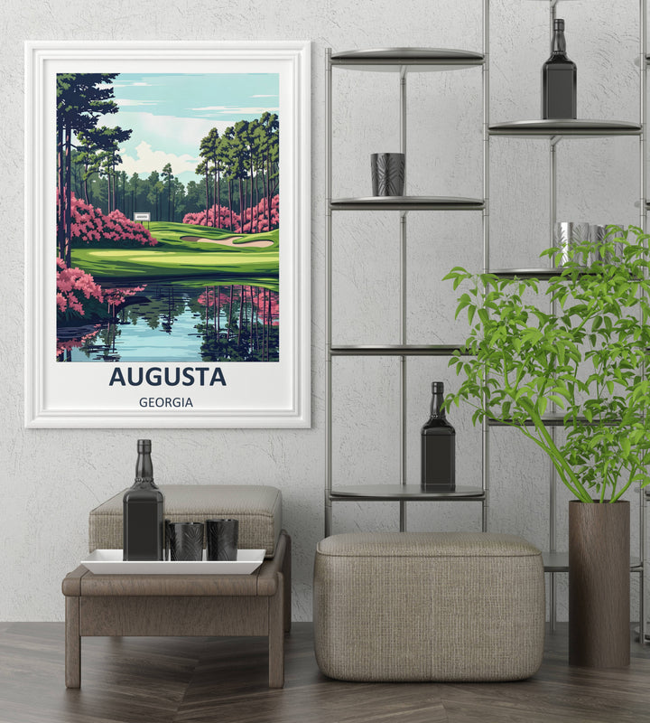 Sophisticated country club wall decor print featuring a beautiful contemporary travel poster design of Augusta National, highlighting glassy water reflections, dense pine forests, and rich color.