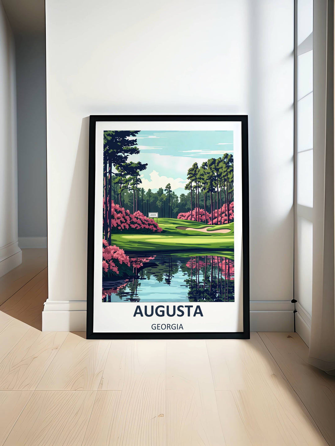 Retro style Augusta National golf course travel poster showing a crisp green fairway, an elegant mirror pond reflection, white sand traps, pink azaleas, and tall pines under a bright clean sky.