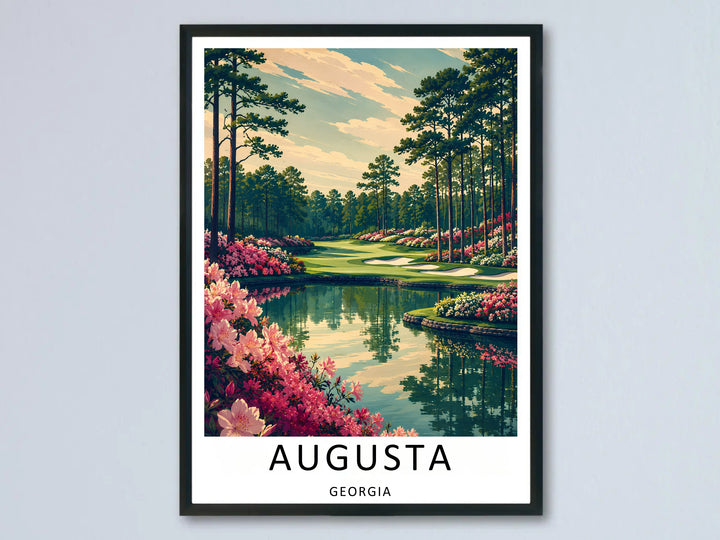 Modern graphic golf poster of Augusta National during spring bloom, showcasing a pristine green fairway curving past white sand bunkers toward tall Georgia pine trees under a warm pastel sky.