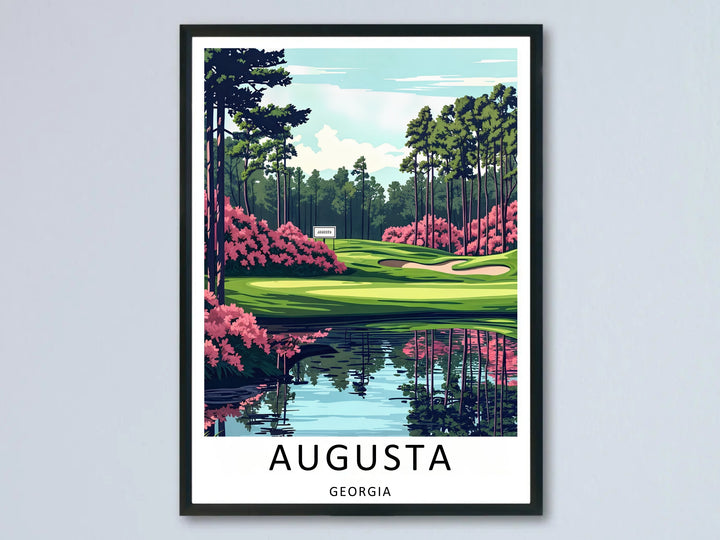 Stylized boutique travel poster of Augusta National golf course, capturing a quiet morning perspective of a reflective lake and tall trees using a clean, Scandinavian minimalist aesthetic.