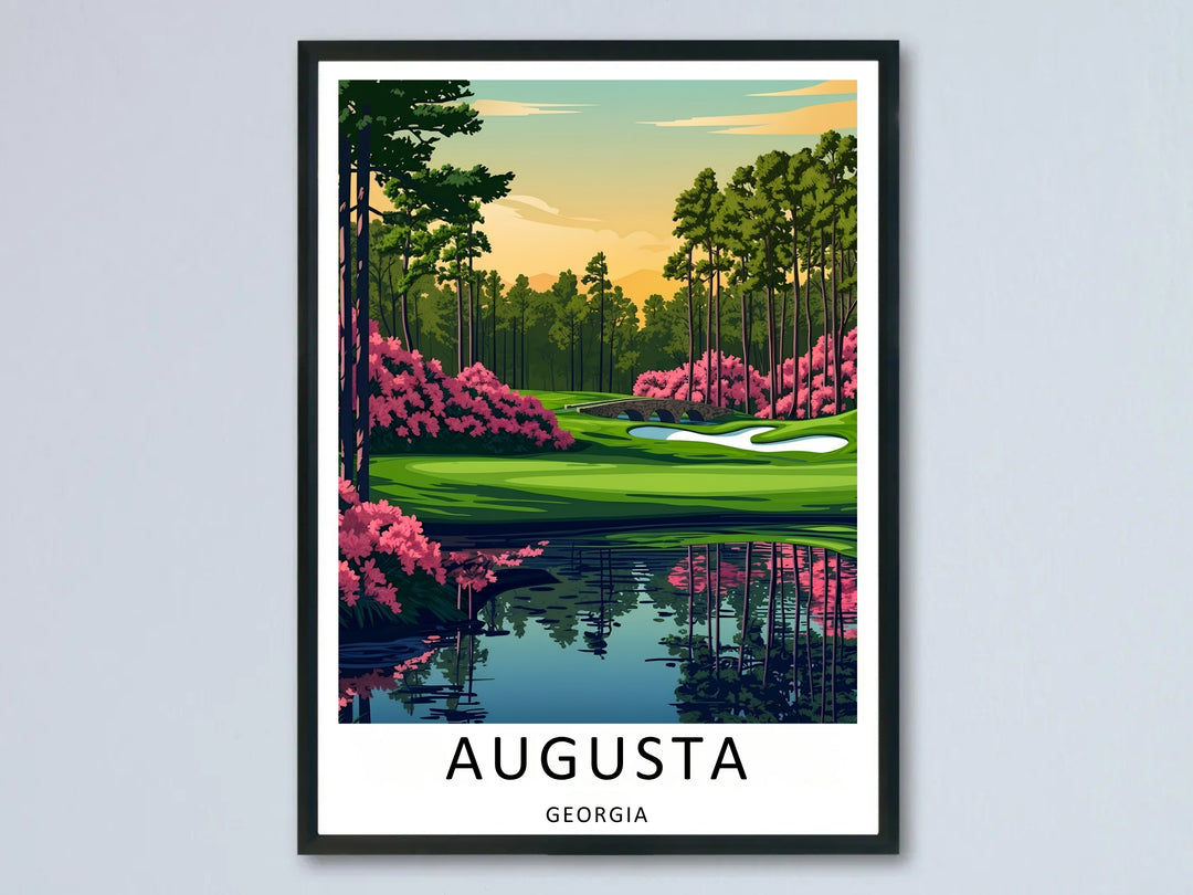 Vintage style Augusta National golf course art print capturing the iconic stone bridge and a reflective water hazard surrounded by pink azaleas and tall Georgia pines under a sunset sky.