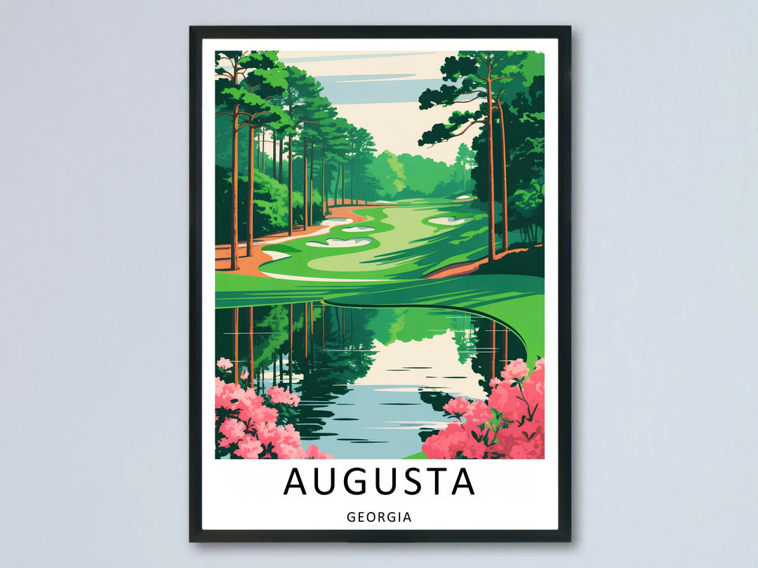 Minimalist graphic golf poster of Augusta Georgia, featuring a pristine green fairway and an elegant reflective pond flanked by pink azalea bushes and tall pine tree silhouettes under a sky.