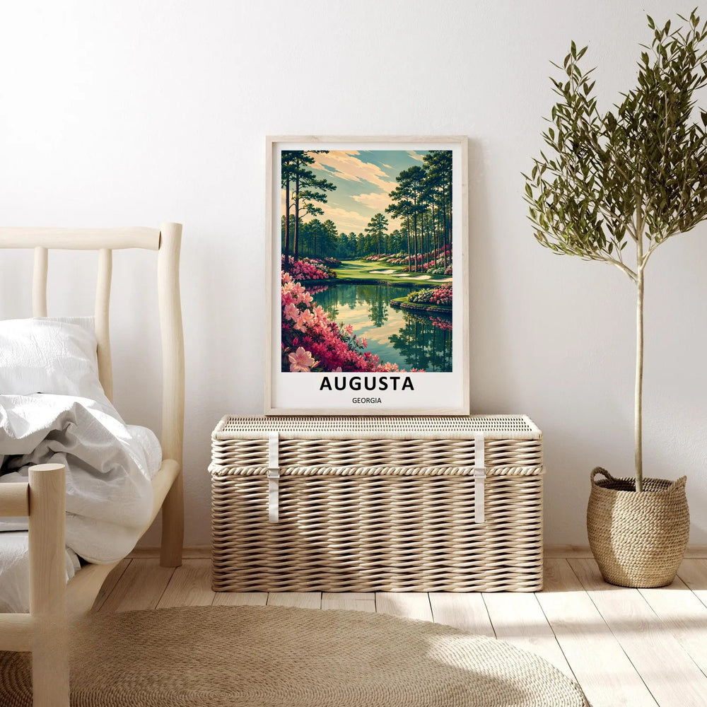 Neo-vintage travel illustration of Amen Corner, featuring a calm glass-like water hazard reflecting towering pines, surrounded by vibrant pink and magenta cascading azalea bushes in full bloom.