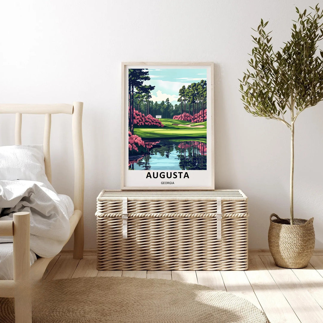 Luxury golf gift artwork illustrating a pristine springtime view of Amen Corner, showcasing cascading pink flowers along a shoreline and a sculpted green fairway under a peaceful morning sky.