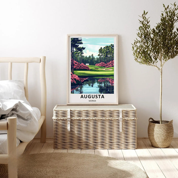 Luxury golf gift artwork illustrating a pristine springtime view of Amen Corner, showcasing cascading pink flowers along a shoreline and a sculpted green fairway under a peaceful morning sky.