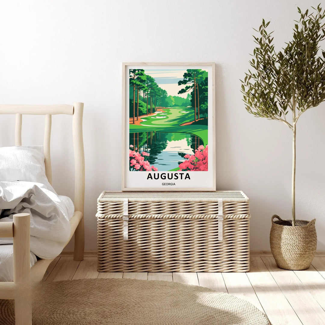 Editorial sports illustration print of a famous Georgia golf course hole, showcasing rich emerald greens, a calm teal reflection pool, and a crisp cream border with modern typography text.