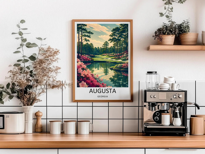 Luxury golf gift artwork illustrating the serene springtime landscape of Augusta National, with cascading pink flowers along a shoreline and a sculpted green fairway under a peaceful morning sky.