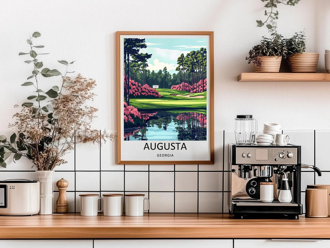 Premium matte paper art print of a famous Georgia golf course hole, emphasizing geometric lines, soft edge shading, and towering pine tree structures framed beautifully for luxury home decor.