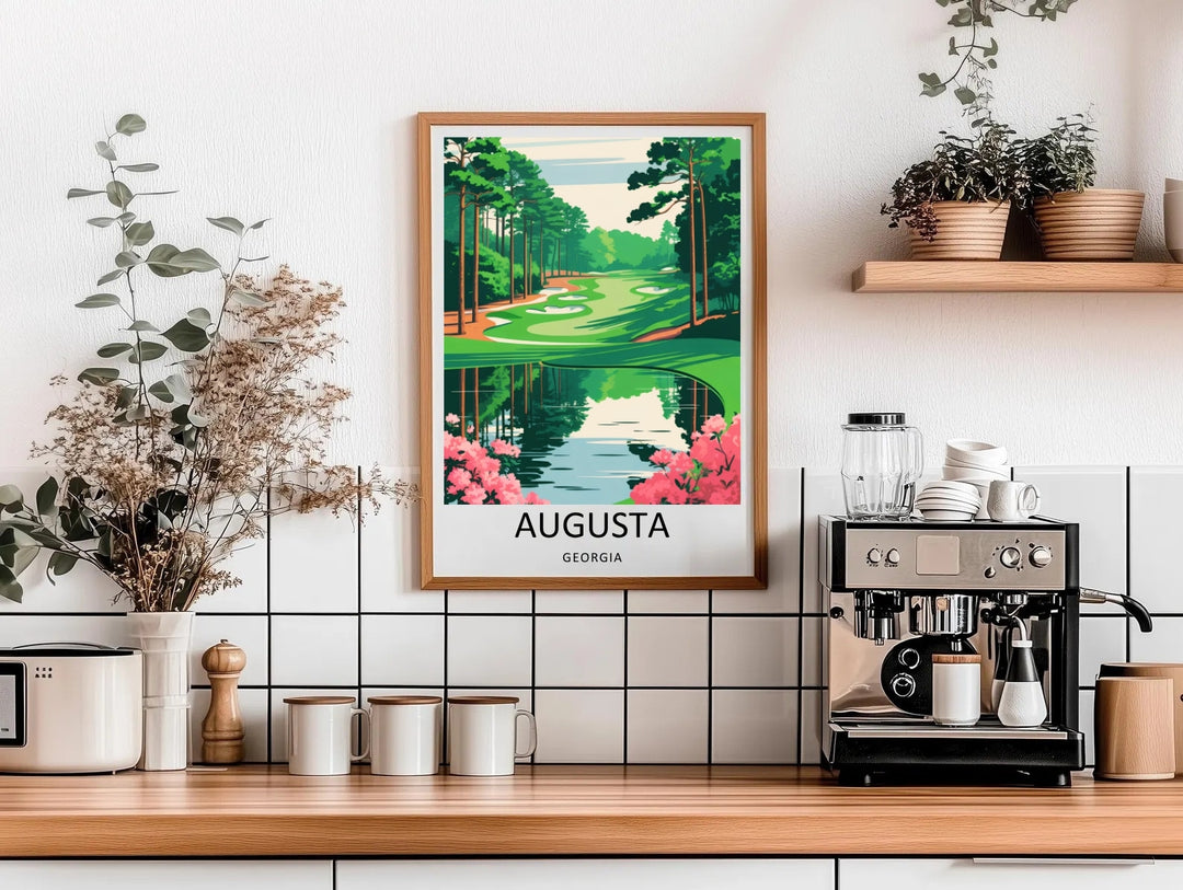 High-end minimalist golf art print from MapYourDreams, showcasing an iconic green course layout beside a quiet stream with smooth lines, deep navy shadows, and elegant light cream accents.