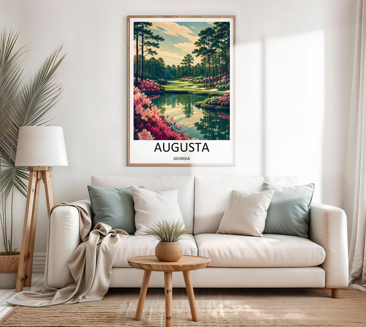 A high-quality graphic poster of Augusta Georgia golf course, focusing on a beautifully curved emerald fairway with clean minimalist sand traps, majestic trees, and a tactile printmaking grain.