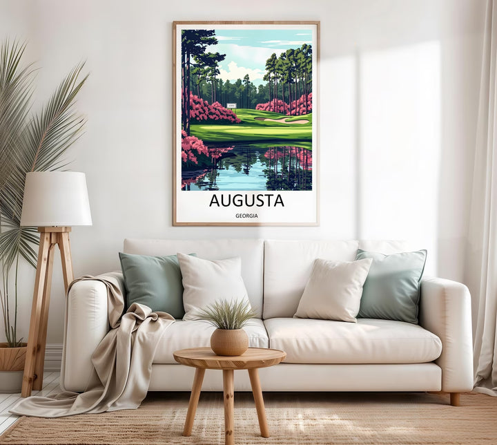 Premium matte paper art print of a famous Georgia golf course hole, emphasizing geometric lines, soft edge shading, and towering pine tree structures framed beautifully for luxury home decor.