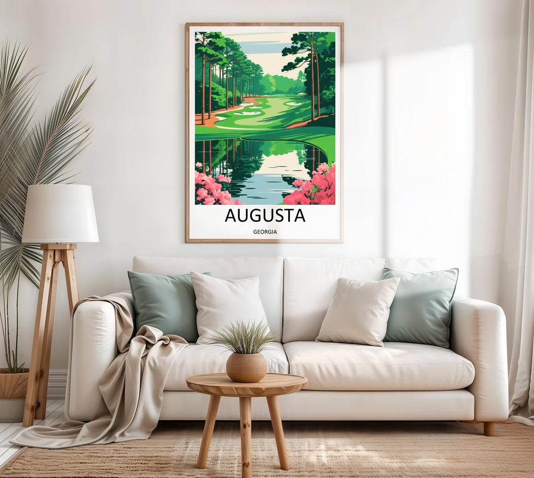 Contemporary sports wall decor poster of a Georgia golf links view, focusing on pristine white sand bunkers, sculpted emerald lawns, and a mirrored water hazard for a luxury home interior.