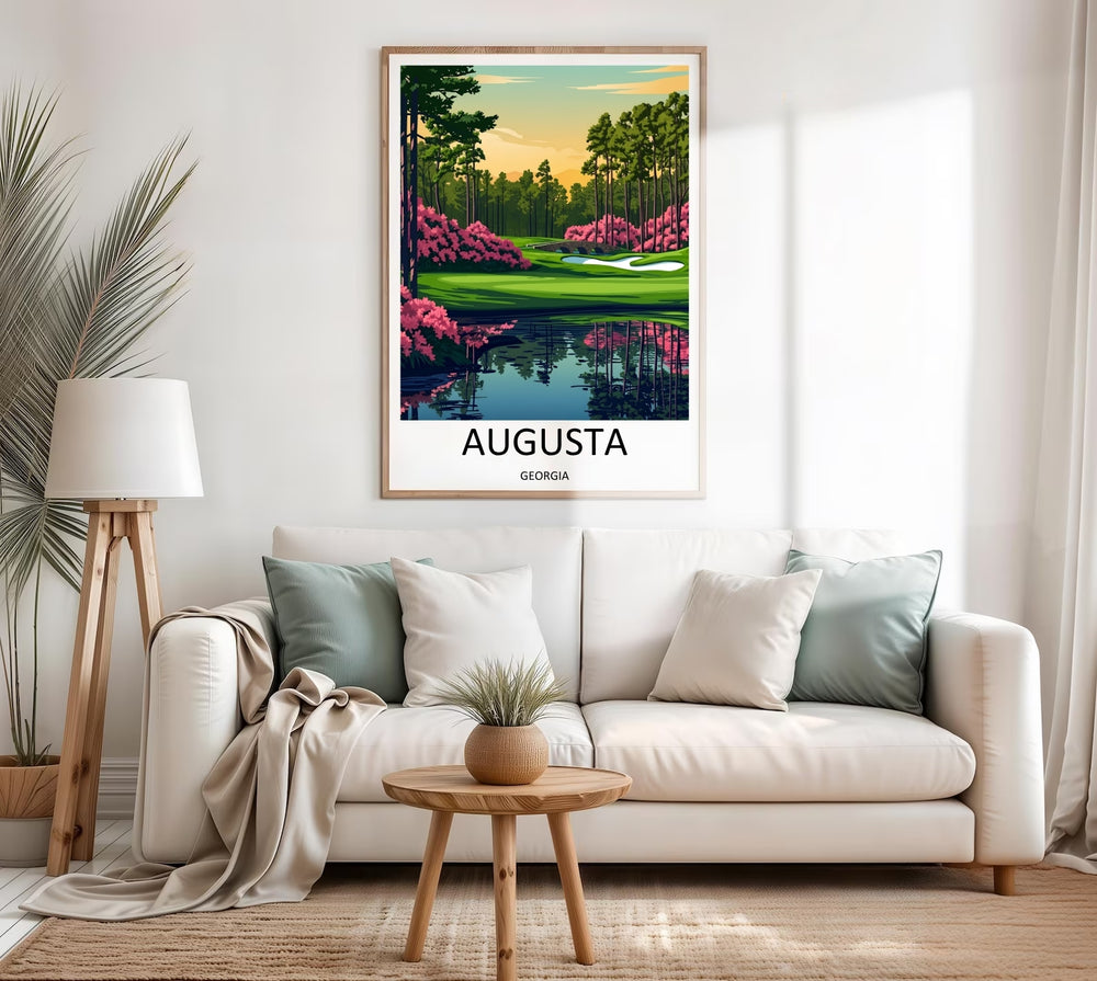 Luxury golf gift wall art depicting a scenic morning view of Amen Corner, featuring beautiful natural framing from towering pine trees and soft warm cream highlights across the horizon.