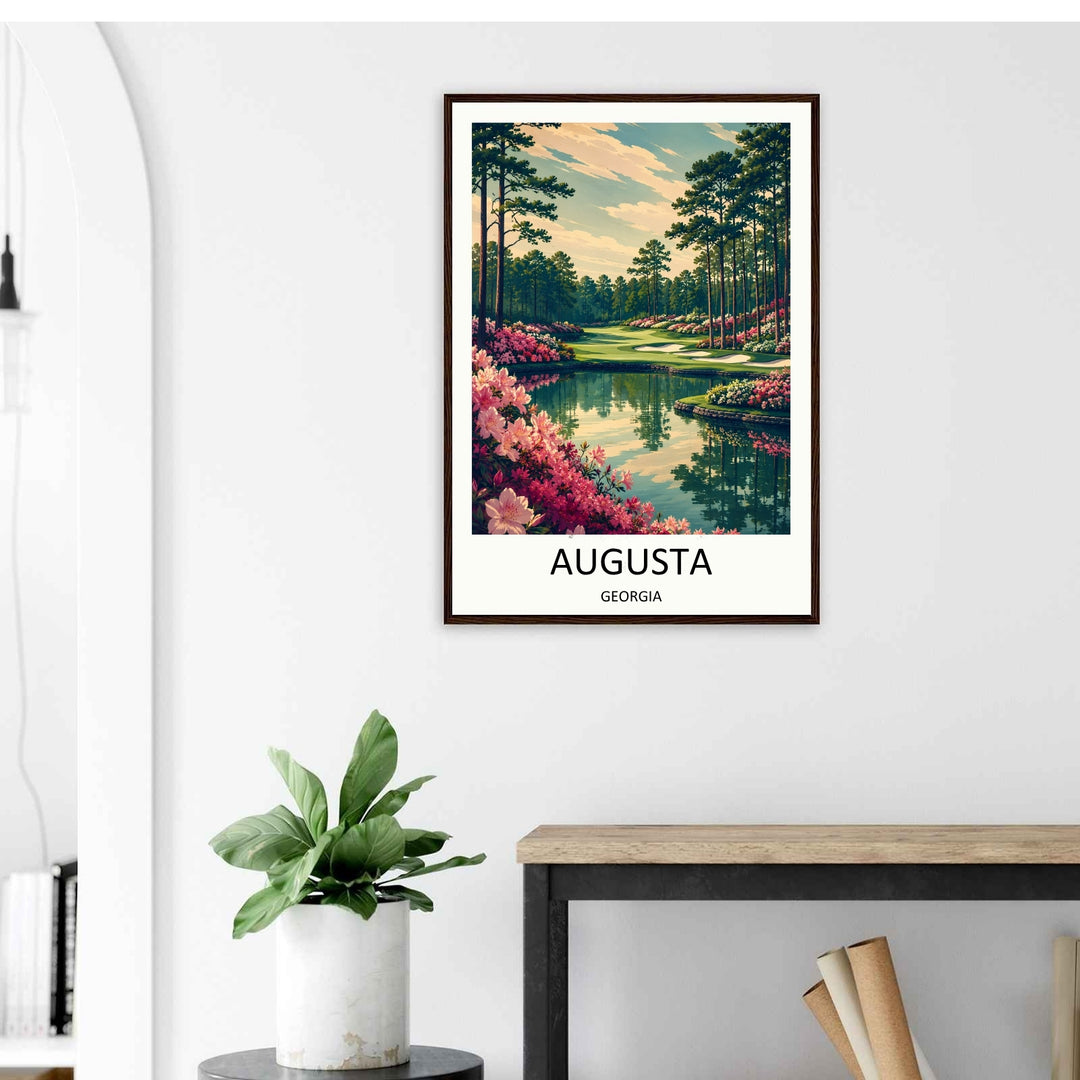 Executive workspace sports print showcasing a modern neo-vintage illustration of a Georgia golf course hole, complete with a reflective pond, pink azaleas, and a sophisticated cream art border.