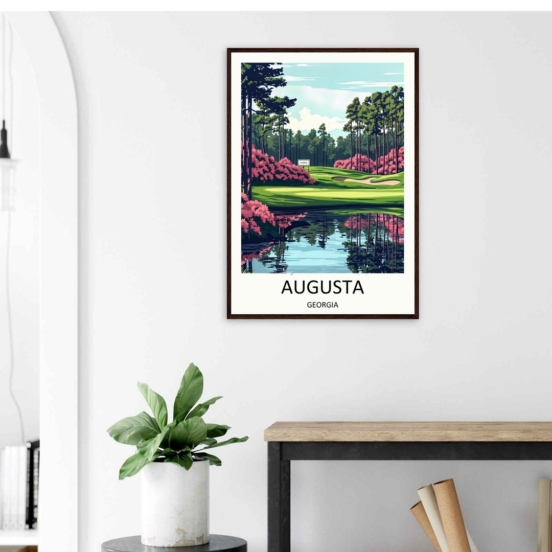 Elegant office wall decor poster displaying a stylized vector graphic of Augusta National links, featuring a calm blue reflection pool, vibrant pink flower beds, and bold modern typography text.