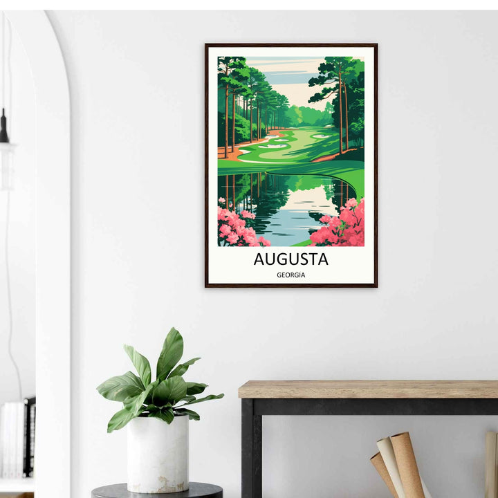 Executive workspace art print of a modern neo-vintage golf course illustration, displaying a beautifully simplified green fairway layout with no people, logos, or clutter on matte paper.