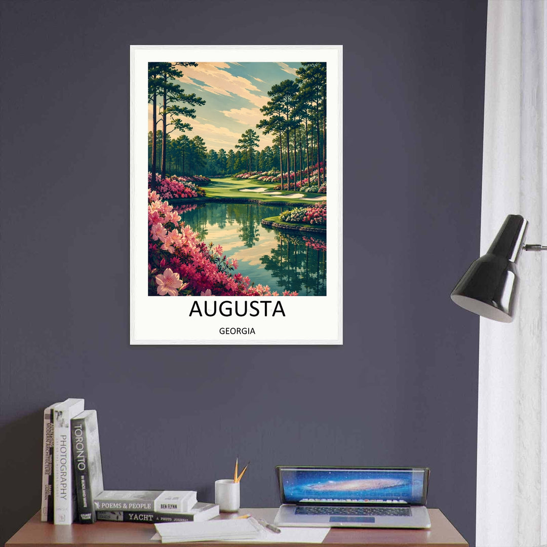 Framed golf course art print capturing a clean minimalist landscape of the Augusta Georgia course, with deep forest green fairways, crisp white bunkers, and a soft cream and dusty blue gradient sky.
